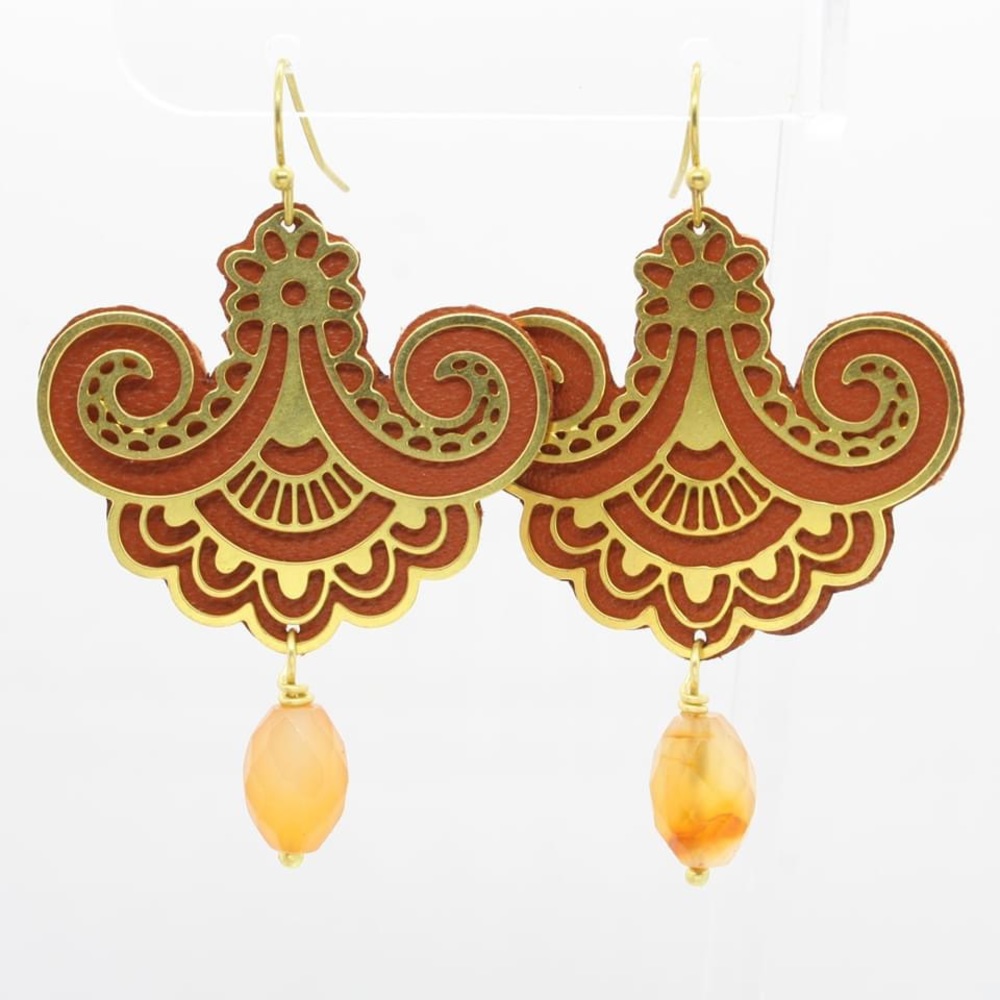 Orange genuine leather & brass earrings